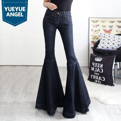 New Fashion Mid Waist Jeans Vintage Big Flare Pants Women Wide Leg Long Denim Trousers Slim Fit Bell Bottom Jeans Plus Size
