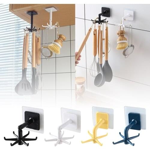 Rotated Kitchen Cabinet Hooks Free Punching Multi-purpose Adhesive Wall Door Clothes Bag Hanger Racks Storage Artifact