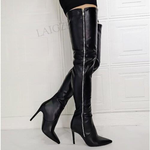 SEIIHEM Women Over Knee Boots Side Zip Heeled Boots Black Pointed Toe Shoes Woman Donne Stivali Party Cospaly Big Size 42 43 47