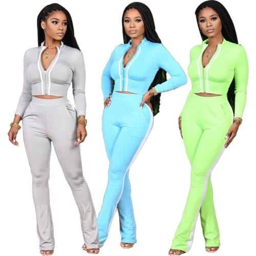 Workout Sportswear Gradient Color Striped Patchwork Tracksuit Zipper Up Long Sleeve Crop Top + Bodycon Flare Pant Streetwear