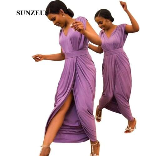 Purple Jersey Bridesmaid Dresses Ankle Length V-neck Cap Sleeves Women Party Gowns For Wedding Pleated Formal Dress