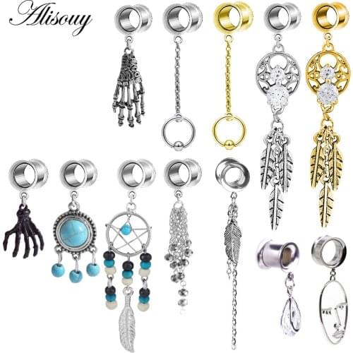 Alisouy 2pc fashion 316L Stainless Steel Dangle Ear Plugs and Tunnel Drop Tassel Piercing orelha cartilagem Tunnel jewelry