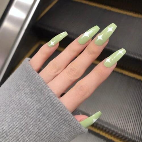 High Quality 24pcs Matcha Green Fake Nail Patch Star Print Glue Type Removable Long Paragraph Fashion Manicure False Nail Patch