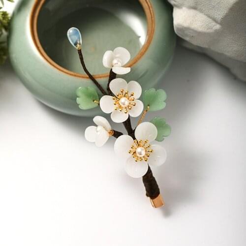 Chinese Hanfu Dress Flower Leaf Pearls Side Clips Hairpins Headpieces Bride Noiva Wedding Party Hair Jewelry Accessories