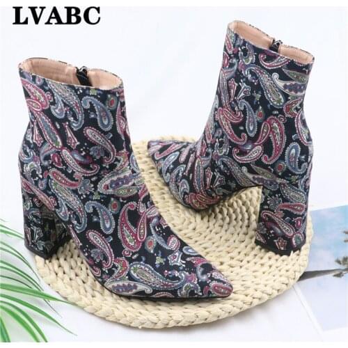 Women Boots Fashion Ankle Boots 9CM High Heel Short Boots Pointed Toe Autumn Winter Plush Female Boots zipper printed high heel