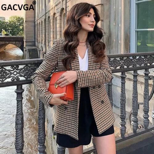 GACVGA 2021 Autumn Women Plaid Blazers and Jacket Work Office Lady Suit Slim Double Breasted Business Female Blazer Coat Talever