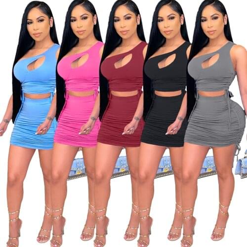 Sexy Women Skirt Suit One Shoulder Hollow Out Crop Top + Mini Dress Solid Color Summer Beach Clothes For Women
