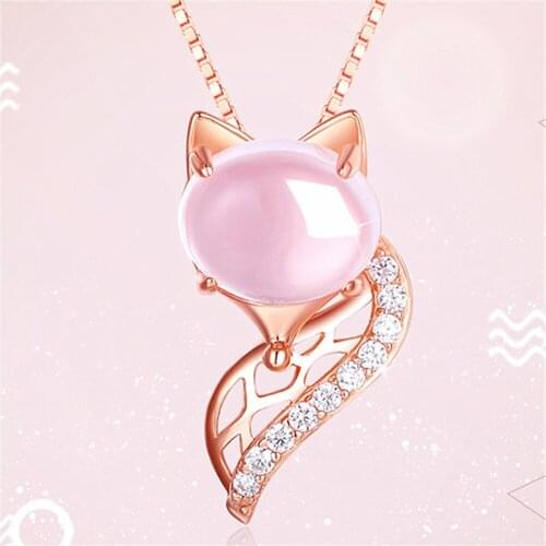 Fashion cute fox pink crystal zircon diamonds gemstones pendant necklaces for women rose gold color jewelry bijoux choker gifts