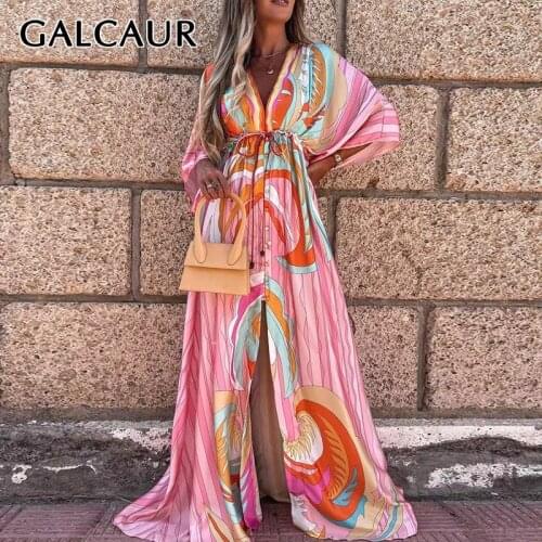 GALCAUR Pink Print Vintage Dress For Women V Neck Long Sleeve High Waist Hit Color Side Split Floor Length Sexy Dresses Females