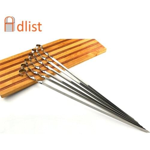 6pcs 21.7'' Extra Long Stainless Steel BBQ Skewer Set Large Flat Wide BBQ Fork Needle Shish Kebab Stick Ring Handle 55cm