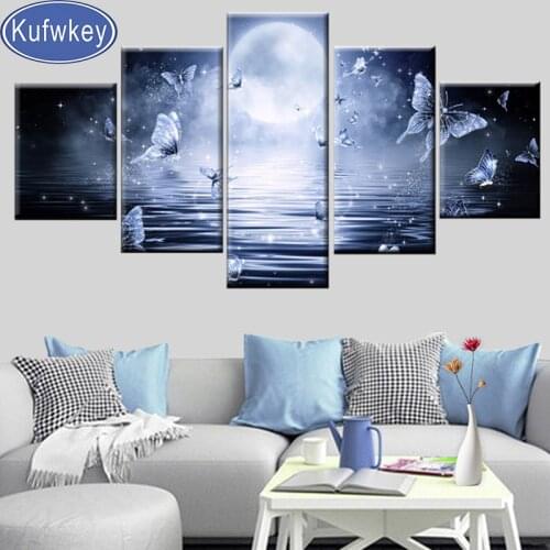 Butterfly Moon Lake diamond painting,full,square,round diamond embroidery,mosaic diamond diy handwork puzzle 5 Panel Home Art