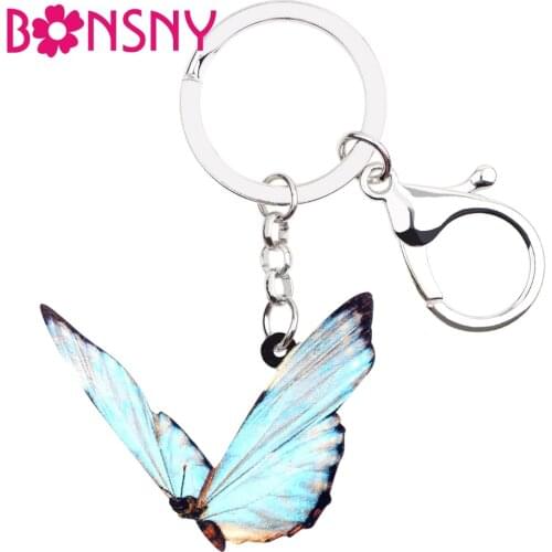 Bonsny Acrylic Flying Blue Butterfly Insect Key Chains Keychains Rings Trendy Jewelry For Women Girls Handbag Car Purse Charms