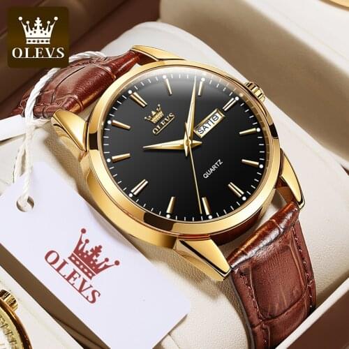 OLEVS Luxury Brand Men Leather Black Gold Watch Mens Quartz Clock Man Sports Waterproof Wrist Watches Relogio Masculino+Box