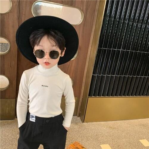 Autumn New Top 2021 Childrens Korean Half High Collar Girls and Boys Letter Cotton Comfortable Elasticity Long Sleeve T-shirt