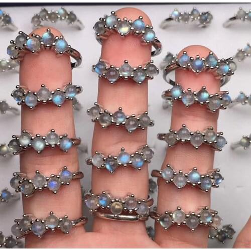 Natural Moonstone/Labradorite Round Bead Row Ring Fashionable Crystal Gemstone Adjustable Ring Womens Party Wedding Jewelry