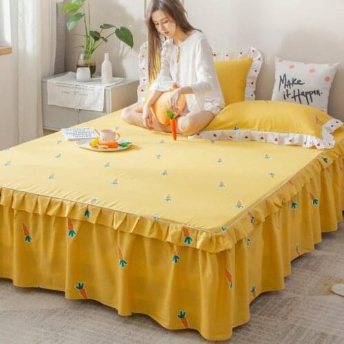 Cilected 100% Cotton Printed Bed Skirt Pillowcase Korean Lotus Leaf Lace Anti-Skid Bed Cover Sheet Protective Cover Home Decor