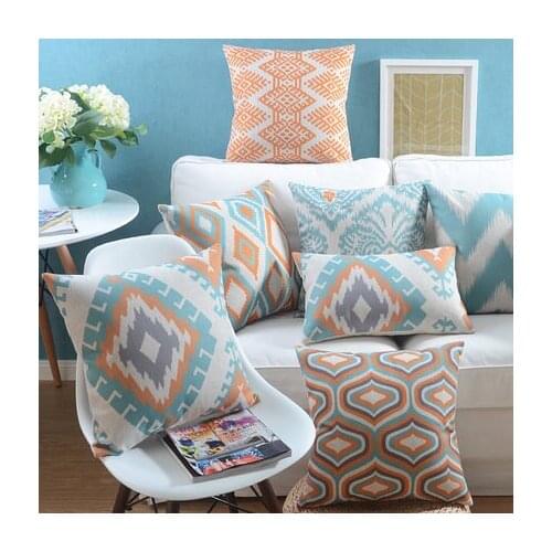 Linen Pillow Cover Vintage Blue Orange Geometric Cushion Cover Nordico Style Home Decorative Pillow Case 45x45cm/30x50cm