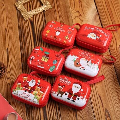 2019 Cartoon Red Square Zipper Zero Wallet Coin Bag Earphone Christmas Santa Claus Metal Storage Box