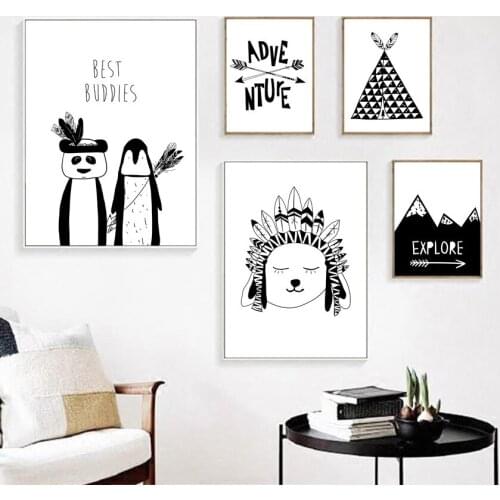Cartoon Indian Panda Tent Peak Wall Art Canvas Painting Nordic Posters And Prints Black White Wall Pictures Kids Room Wall Decor