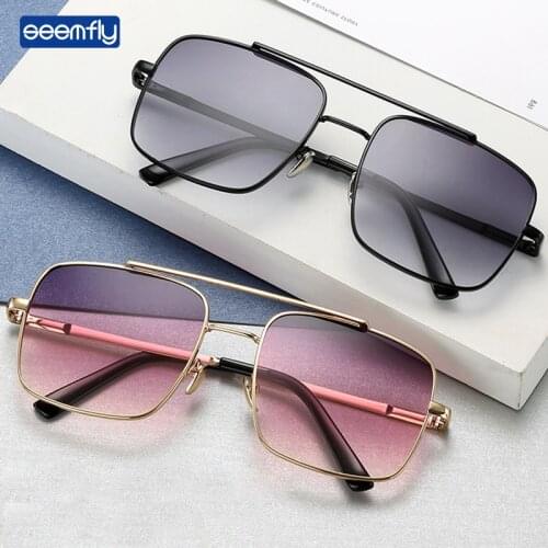 Seemfly 2021 Double Beam Square Metal Sunglasses Women Brand Designer Fashion Gradient Colorful Lens Men Shade UV400 Sun Glasses