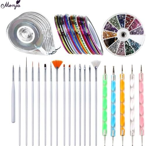 Monja Dotting Picking Pen Painting Brush Nail Art Kit Stripe Tape Sticker Empty Box Rhinestone Decoration Wheel Manicure Set