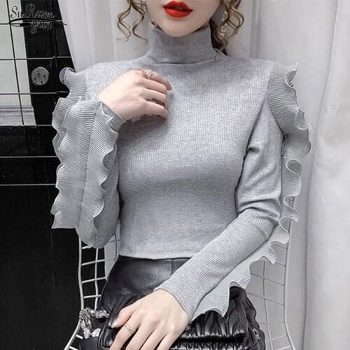 Autumn Winter Long Sleeve Ladies Tops Cotton Knitted White Blouses Women Casual Turtleneck Ruffles Vintage Shirts Women 12063