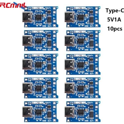 RCmall 10pcs Type-c 5V 1A TP4056 Lithium Battery Charger Module Charging Board With Protection Dual Functions 1A Li-ion