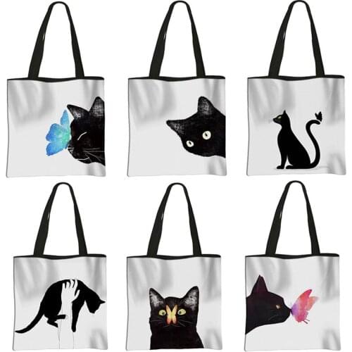 Cute Black Cat Girl Handbag Leisure Travel Large Capacity Storage Bag Woman Shopping Foldable Shoulder Bag Tote Bag