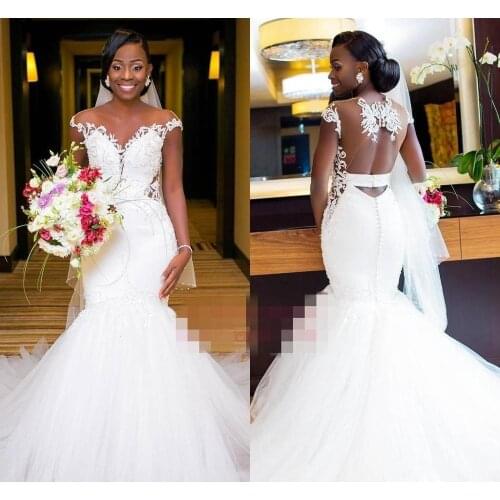 2021 South Africa Style O Neck Wedding Dresses Short Sleeve Backless Mermaid Bridal Gown Garden Wedding Custom Made