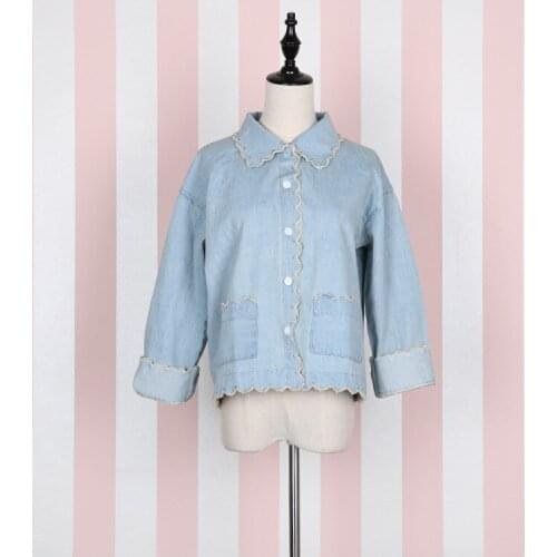 Japanese Style Vintage Mori Girl Cute Womens Jeans Jacket Lace Trim Washed Jeans Long Sleeve Outwear Color Pale Blue