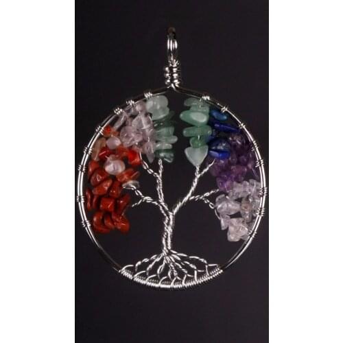 Vintage Round Choker Wisdom Tree of Life 7 Chakra Stone Rainbow Pink Quartz Crystals Pendant for Women Men Valentines Day Gift