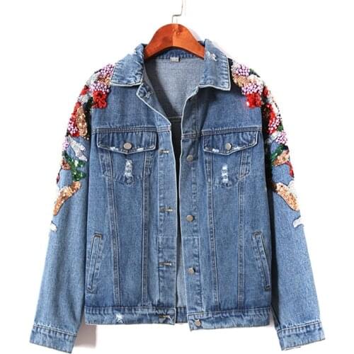 Harajuku Heavy Work Beaded Sequin Denim Jacket Women Loose Hole Jeans Coat 2021 Spring Autumn Casual Streetwear Chaqueta mujer