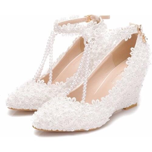Crystal Queen White Flower Woman Wedding Shoes Lace Pearl High Heels Sweet Bride Dress Shoes Beading Wedges heels Pumps 8cm heel