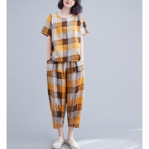 2021 New Print Plaid Fashion Women Clothes Set Thin Soft Cotton Linen Loose Tops Harem Pants 2 Two Piece Summer Casual Set Suits