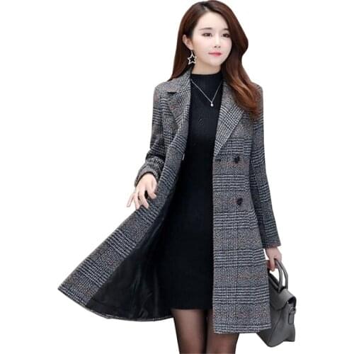 Autumn Winter Womens Plaid Woolen Coat Plus size Casual Blazer Female Jackets Plus cotton Warm Double breasted Outerwear 3097