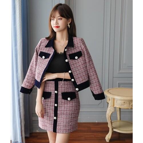 Winter Women Tweed Vintage Two Piece Skirt Suits Sets Buttons Coat And A-line Skirt Outfits Sets Elegant Fashion 2 Piece Sets