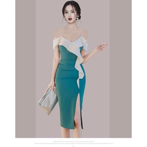 Womens New Summer V-Neck Ruffle Split Vestibule Elegant Stitching Ltalian Thin Shoulder Belt Fashion Party Tight Dress 2021