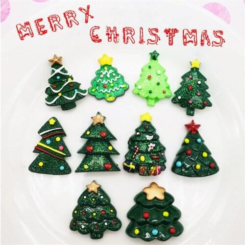 Glitter Christmas Green Tree Shape Resin Cabochons Flatback Ornament Accessories Clay Beads Charm Material Hair Bow DIY 10pcs