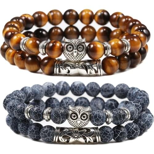 Black Lava Tiger Eye Weathered Stone Bracelets Bangles Classic Owl Beaded Natural Charm Bracelet for Women and Men Yoga Jewelry