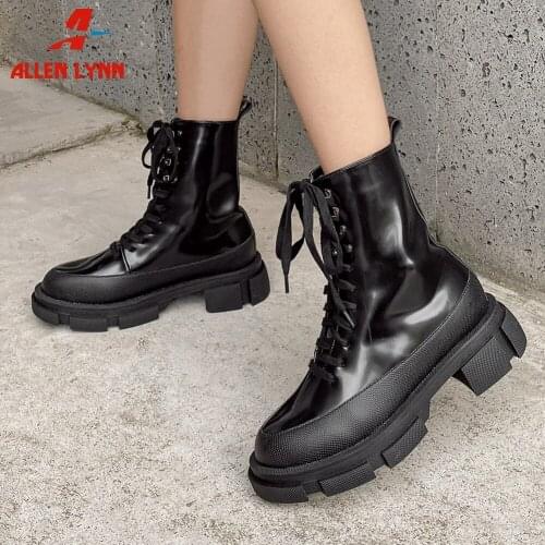 Brand New Fashiom Female Ankle Boots Platform Chunky Heels Shoelace Black White Motorcycle Boots Street Cool Trendy Ladies Shoes