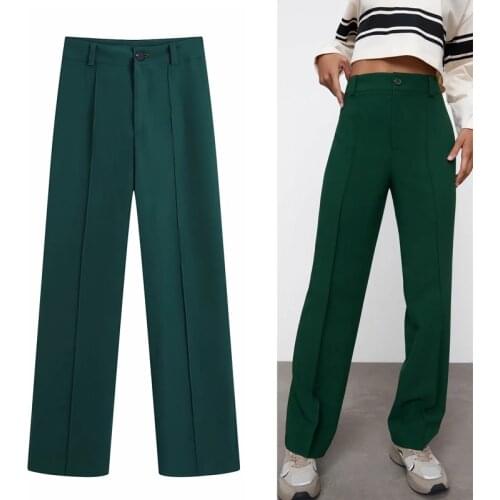 TRAF Za Green Pink Pants Woman Summer 2021 High Waisted Trousers Women Fashion Casual Zipper Button Suit Pants Female
