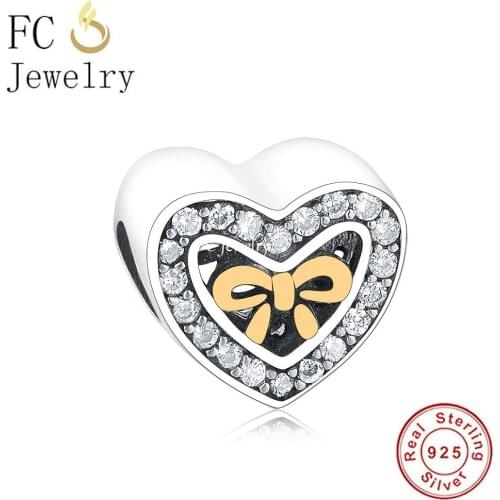 FC Jewelry Fit Original Brand Charm Bracelet Real 925 Sterling Silver Gold Plate Heart Ribbon Bead Making Women Berloque 2021