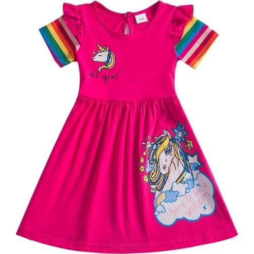 Girl Short-sleeved Unicorn Dress Pony Cartoon Dress Printed Embroidered Cotton Round Neck Dress for Girls Kids Summer Dress