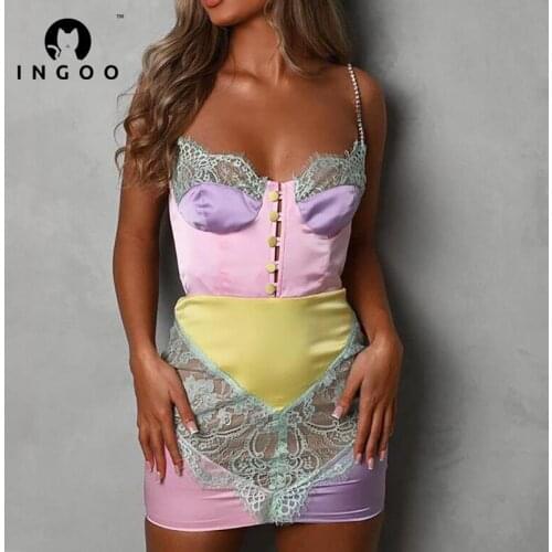 INGOO Elegant Diamond Strap Party Dress Women 2021 Color Matching Breasted Sexy Lace Patchwork Halter Mini Dresses Slim Clubwear