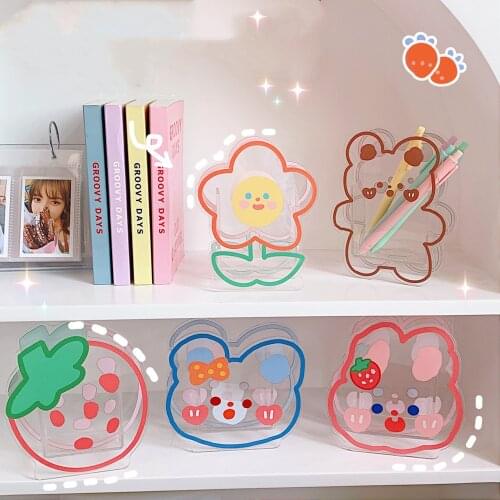 Ins Kawaii Acrylic Pen Holder Desktop Organizer Creative Cute Bear Bunny Office Stationery Cosmetics Transparent Storage Box