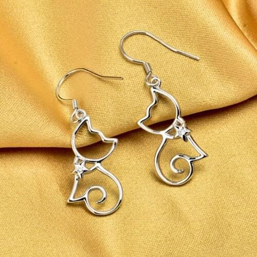 Exquisite Silver Plated Hollow Cat Earrings Cute Zircon Star Crystal Dnagle Drop Earrings Birthda Banquet Gifts Women Jewelry