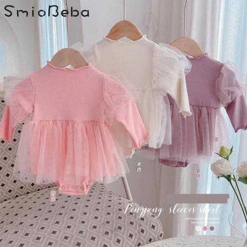 Summer Korean Baby Bubble Sleeve Pink Rompers Shawl Gauze Skirt Girls First Year Princess Birthday Purple Girls Mesh Jumpsuits