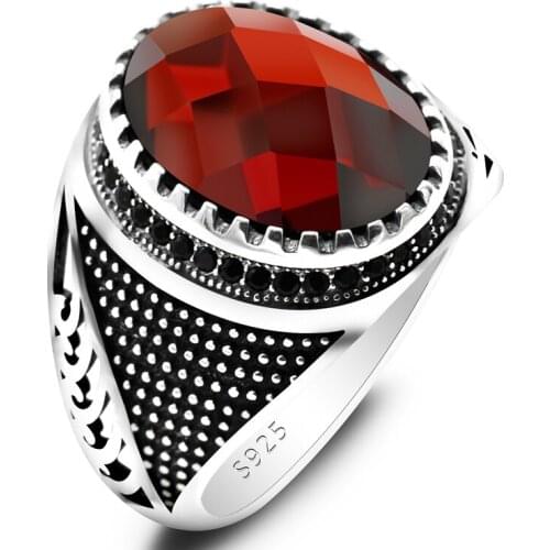 New S925 Sterling Silver Natural Red Zircon Spinel Mens Ring Turkey Gemstone Ring Mens Jewelry