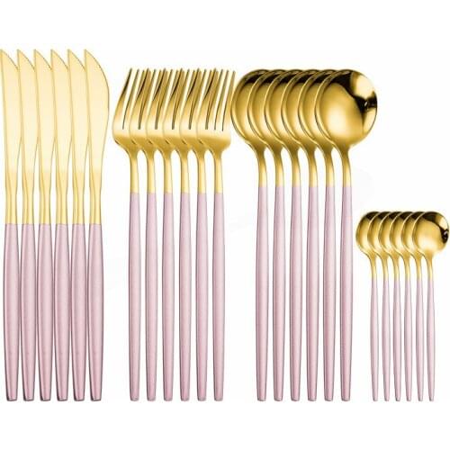 Pink Gold Cutlery Set Stainless Steel Tableware Set 24pcs Kitchen Dinnerware Spoon Fork Knife Dinner Set Complete High Quality