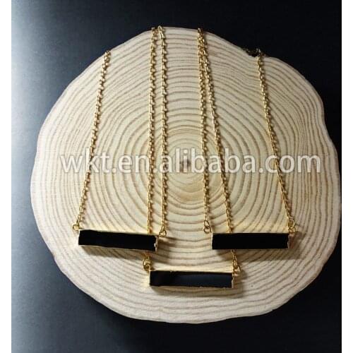 WKT Hot sale natural black rectangle at gate necklace with gold trim double loops stone in high quality free shipping